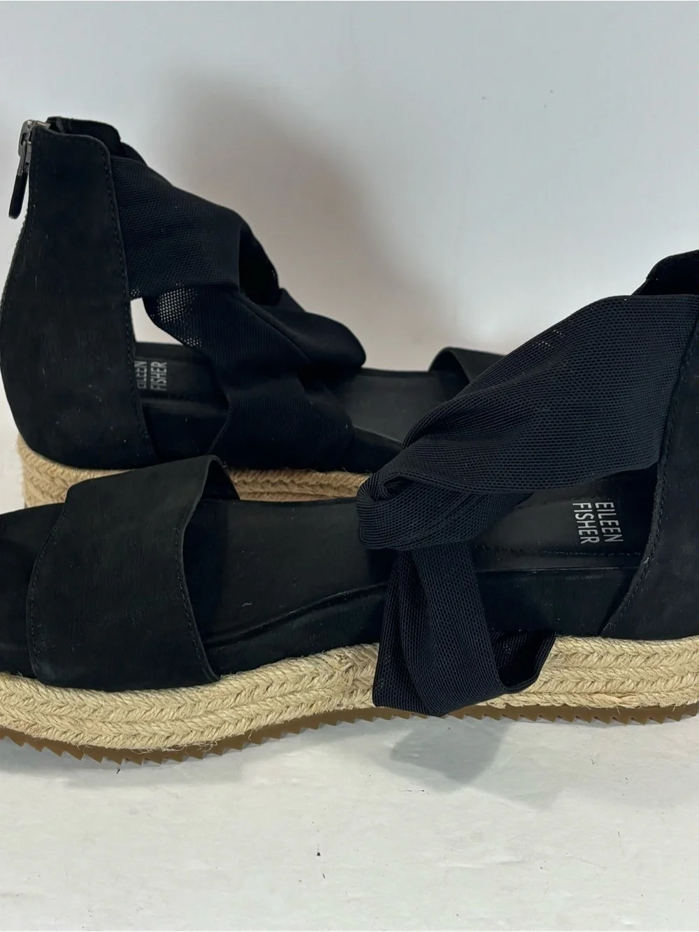 Eileen Fisher Wisp Espadrille Wedge Wrap Sandals Women 8 Black Preppy Boho